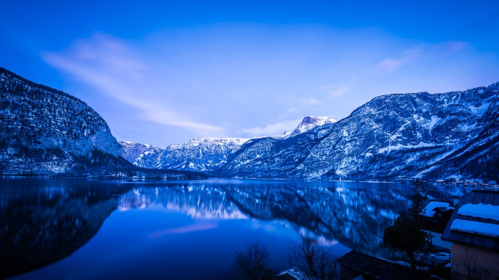 mountain lake at blue hour